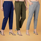 Combo of 3 Cotton Gray Mehndi Green and Navy Blue Women Regular Fit Solid Trousers