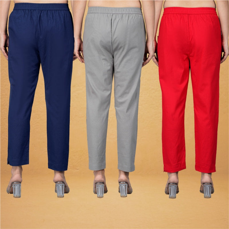 Combo of 3 Cotton Gray Red and Navy Blue Women Regular Fit Solid Trousers