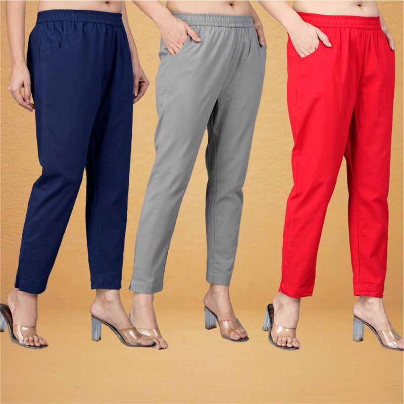 Combo of 3 Cotton Gray Red and Navy Blue Women Regular Fit Solid Trousers