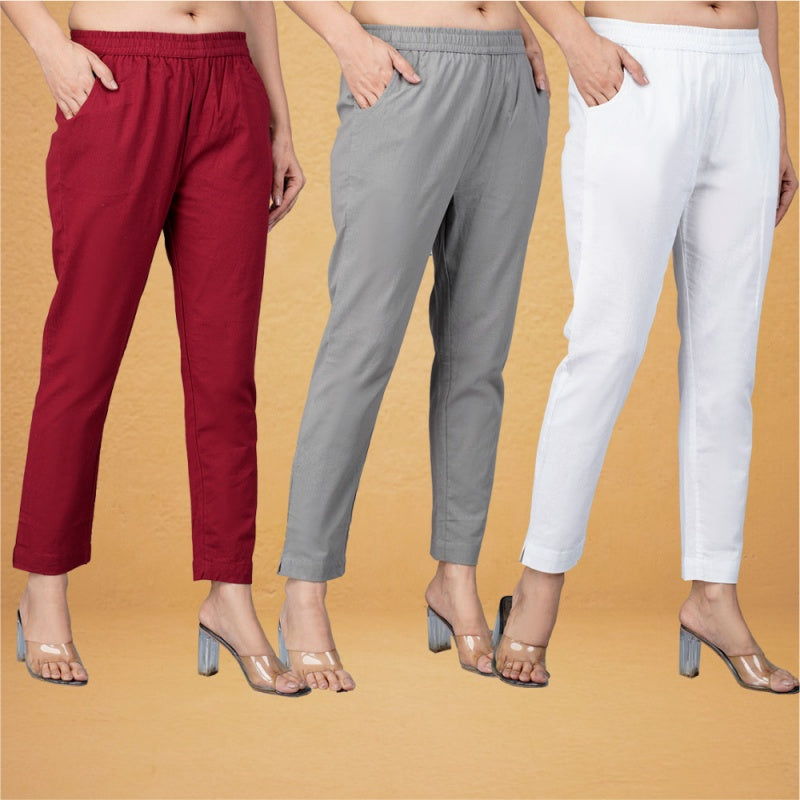 Combo of 3 Cotton Gray White and Maroon Women Regular Fit Solid Trouser