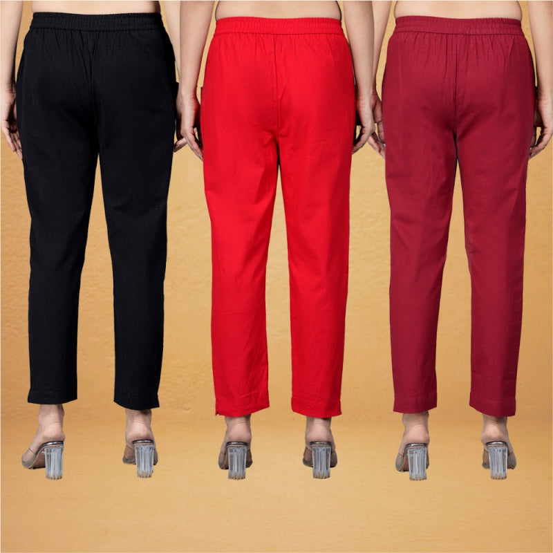 Combo of 3 Cotton Red Maroon and Black Women Regular Fit Solid Trousers