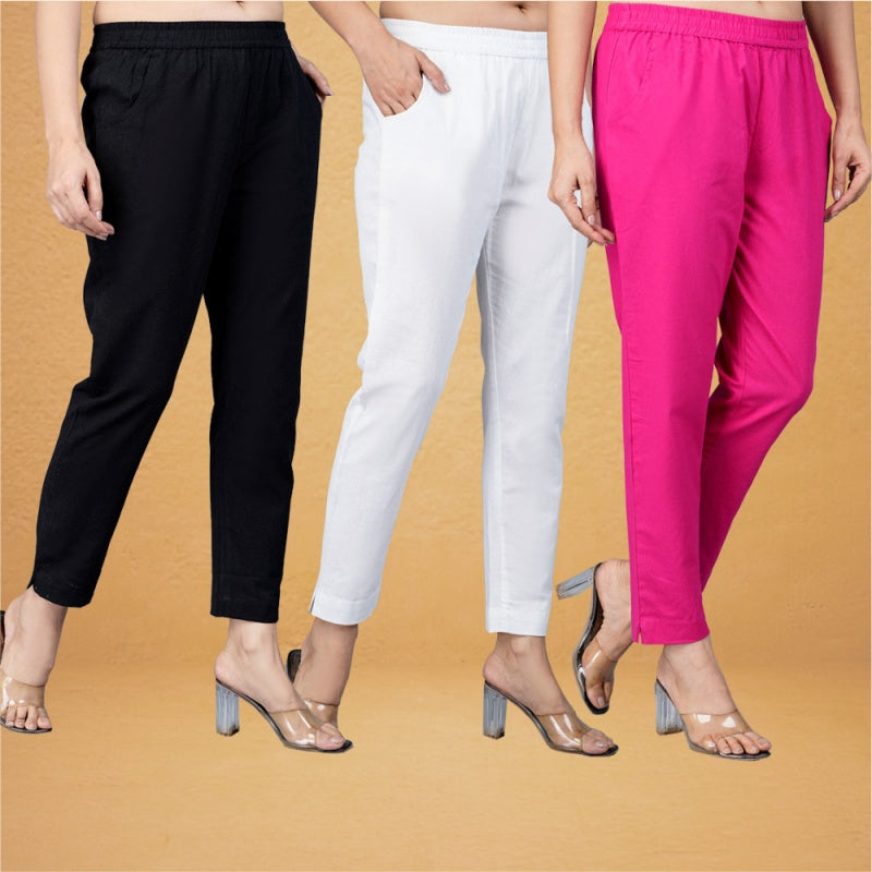 Combo of 3 Cotton White Pink and Black Women Regular Fit Solid Trousers