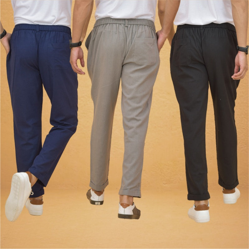 Combo of 3 Gray Black and Navy Blue Cotton Regular Trouser Pants-42432