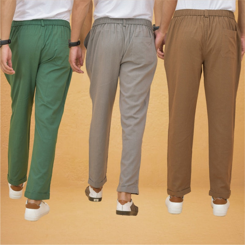 Combo of 3 Gray Brown and Bottle Green Cotton Regular Trouser Pants-42402