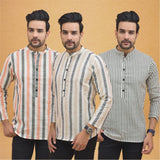Combo of 3 Men Kurtas Stripe Cotton Handloom Beige Gray and Peach