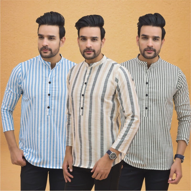 Combo of 3 Men Kurtas Stripe Cotton Handloom Beige Gray and Sky Blue