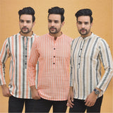 Combo of 3 Men Kurtas Stripe Cotton Handloom Beige Peach and Peach