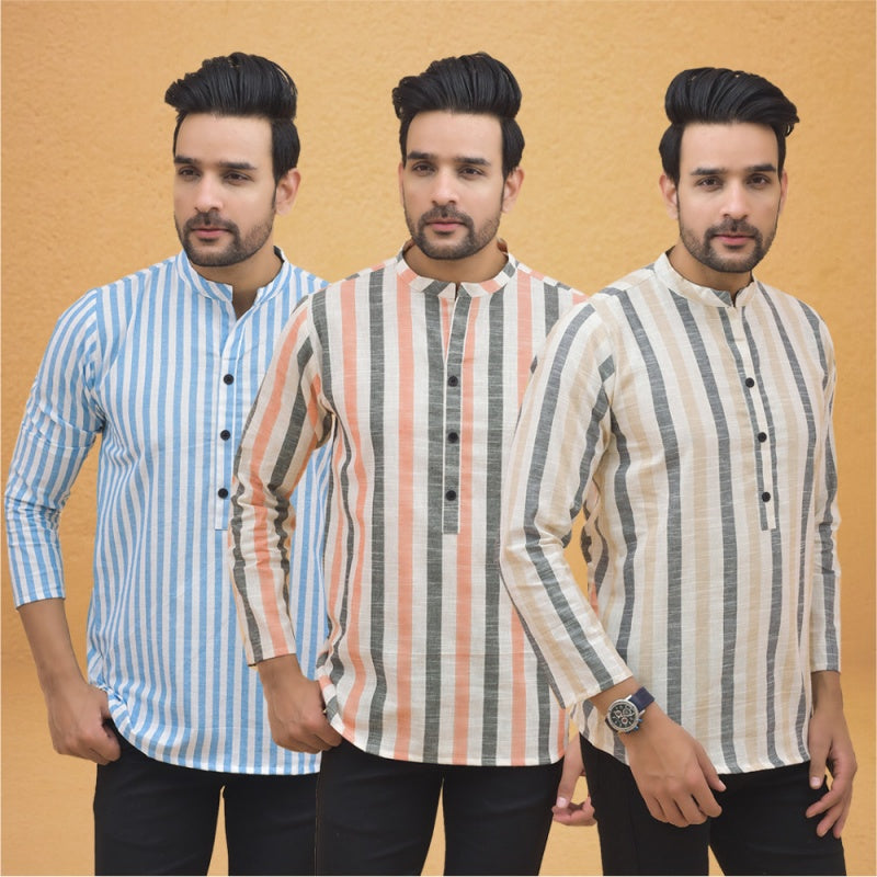 Combo of 3 Men Kurtas Stripe Cotton Handloom Beige Peach and Sky Blue