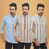 Combo of 3 Men Kurtas Stripe Cotton Handloom Beige Peach and Sky Blue