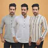 Combo of 3 Men Kurtas Stripe Cotton Handloom Beige White and Gray