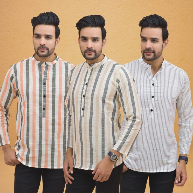 Combo of 3 Men Kurtas Stripe Cotton Handloom Beige White and Peach