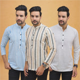 Combo of 3 Men Kurtas Stripe Cotton Handloom Beige White and Sky Blue