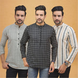 Combo of 3 Men Kurtas Stripe Cotton Handloom Black Beige and Gray