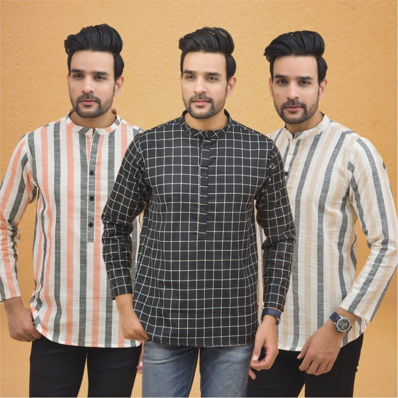 Combo of 3 Men Kurtas Stripe Cotton Handloom Black Beige and Peach