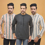 Combo of 3 Men Kurtas Stripe Cotton Handloom Black Beige and Peach