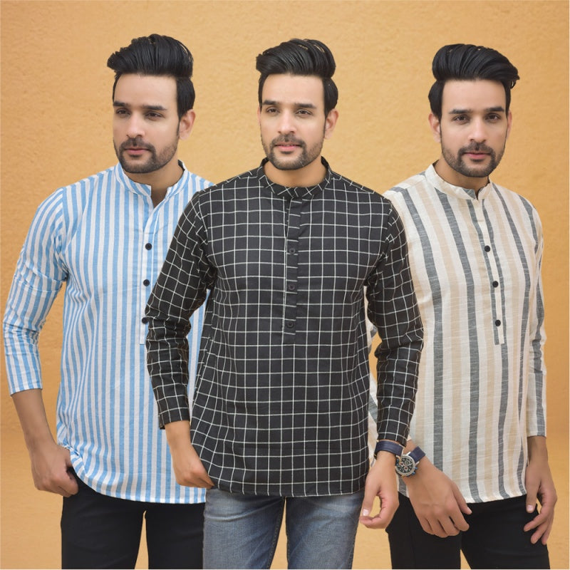 Combo of 3 Men Kurtas Stripe Cotton Handloom Black Beige and Sky Blue