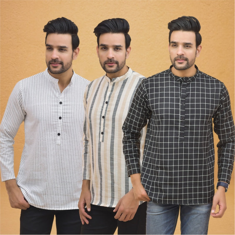 Combo of 3 Men Kurtas Stripe Cotton Handloom Black Beige and White