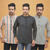 Combo of 3 Men Kurtas Stripe Cotton Handloom Black Gray and Peach