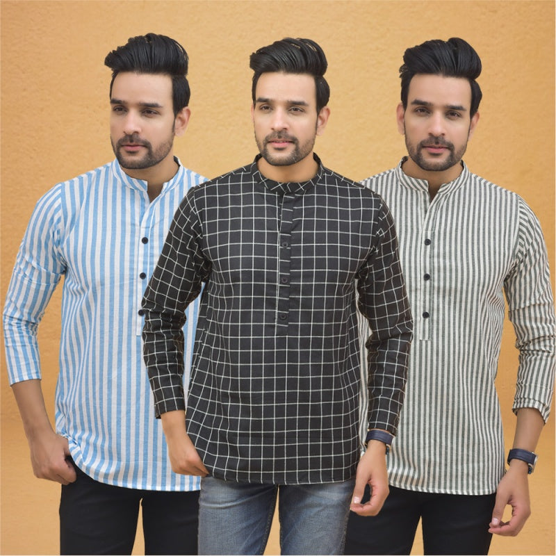 Combo of 3 Men Kurtas Stripe Cotton Handloom Black Gray and Sky Blue