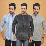 Combo of 3 Men Kurtas Stripe Cotton Handloom Black Gray and Sky Blue