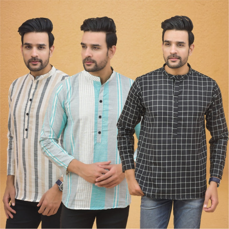 Combo of 3 Men Kurtas Stripe Cotton Handloom Black Green and Beige