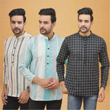 Combo of 3 Men Kurtas Stripe Cotton Handloom Black Green and Beige