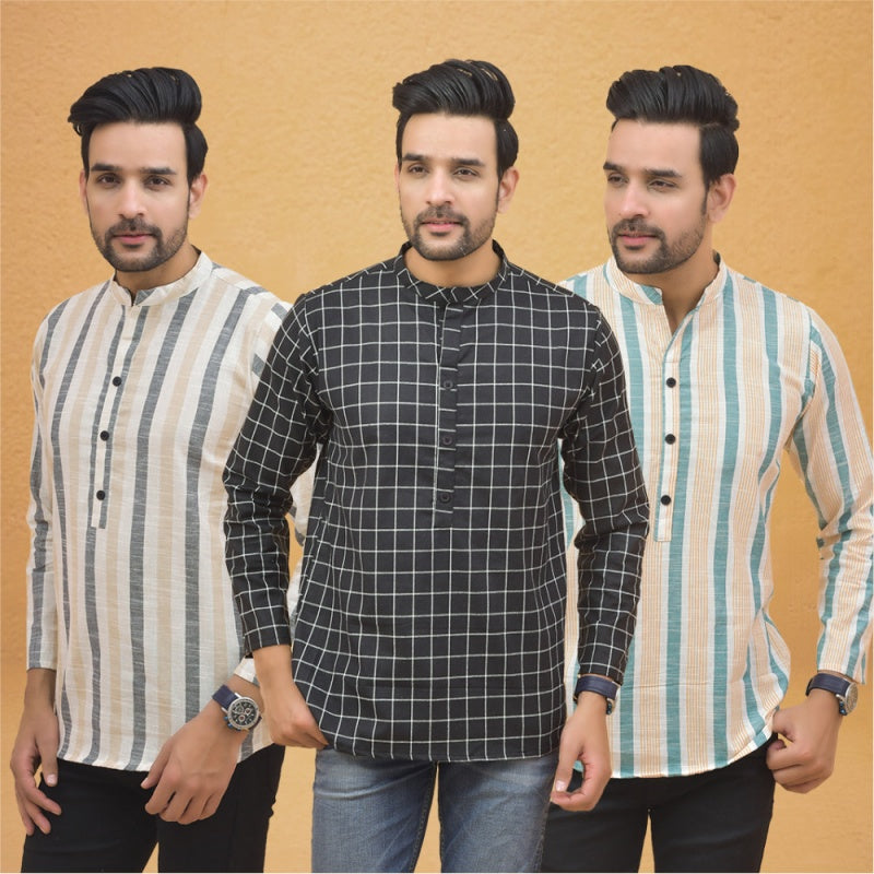 Combo of 3 Men Kurtas Stripe Cotton Handloom Black Green and Beige