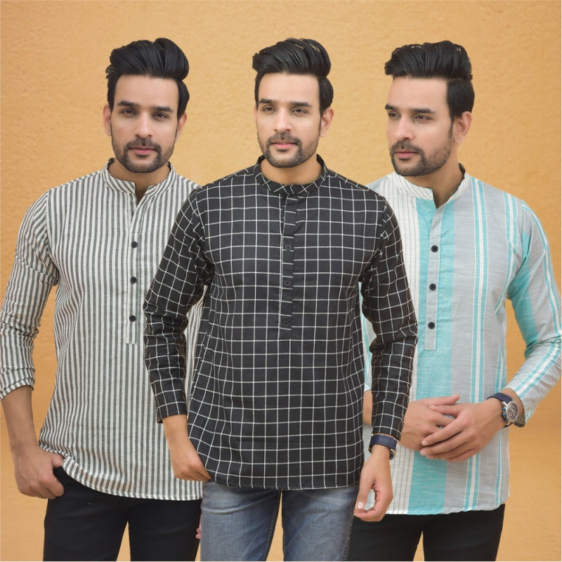 Combo of 3 Men Kurtas Stripe Cotton Handloom Black Green and Gray