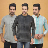 Combo of 3 Men Kurtas Stripe Cotton Handloom Black Green and Gray