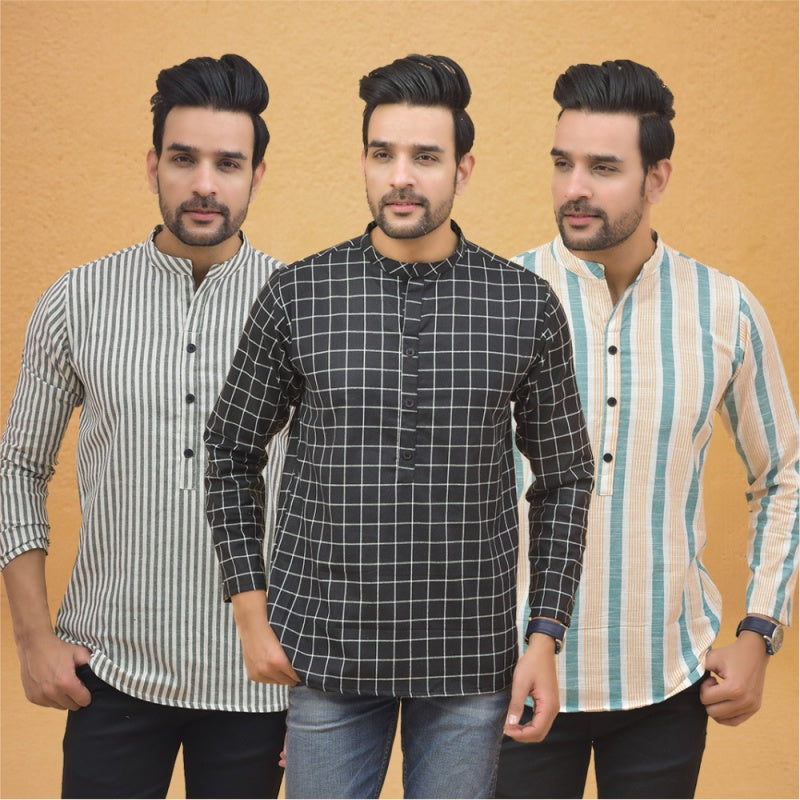 Combo of 3 Men Kurtas Stripe Cotton Handloom Black Green and Gray