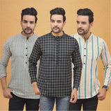 Combo of 3 Men Kurtas Stripe Cotton Handloom Black Green and Gray