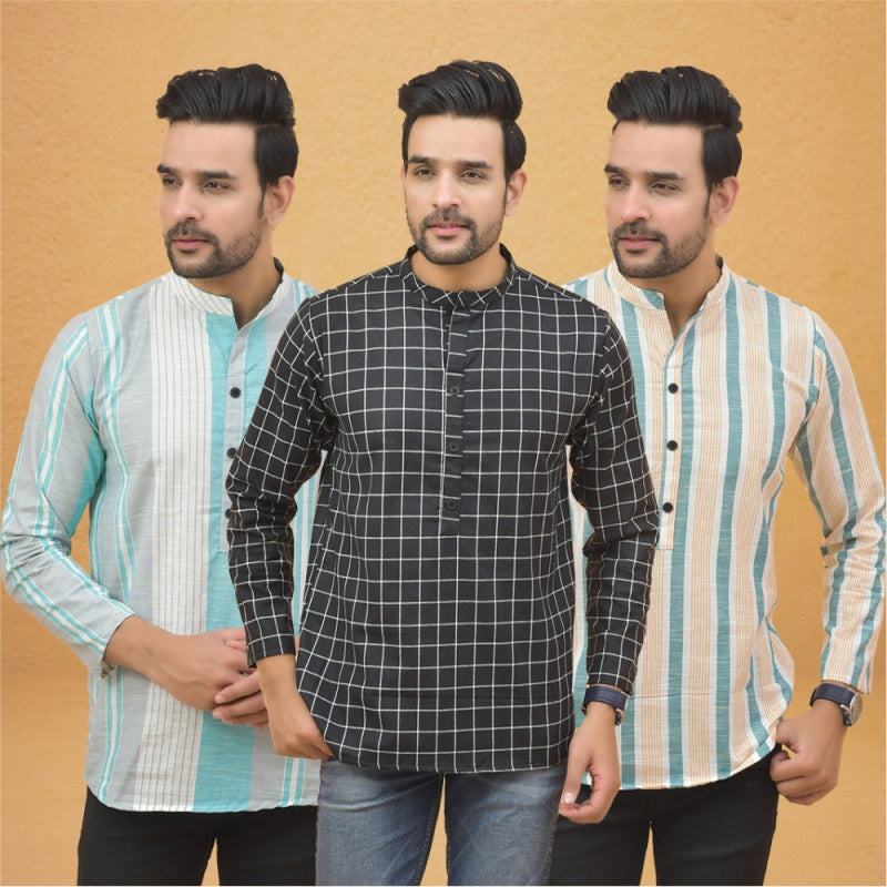 Combo of 3 Men Kurtas Stripe Cotton Handloom Black Green and Green