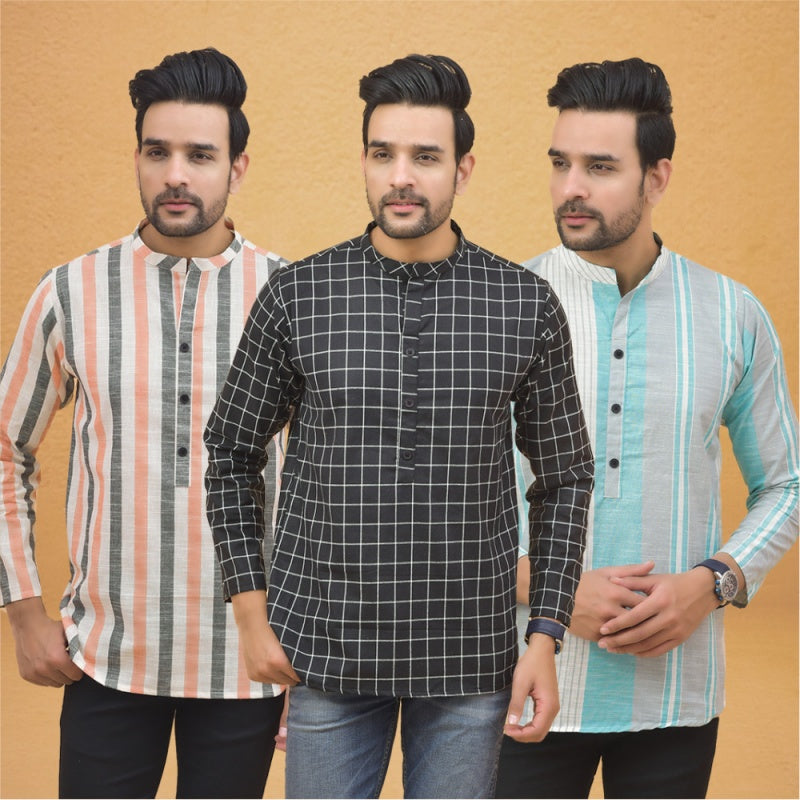 Combo of 3 Men Kurtas Stripe Cotton Handloom Black Green and Peach