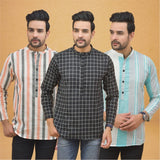 Combo of 3 Men Kurtas Stripe Cotton Handloom Black Green and Peach