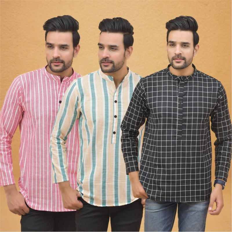 Combo of 3 Men Kurtas Stripe Cotton Handloom Black Green and Pink