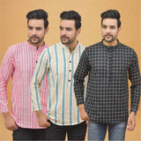 Combo of 3 Men Kurtas Stripe Cotton Handloom Black Green and Pink