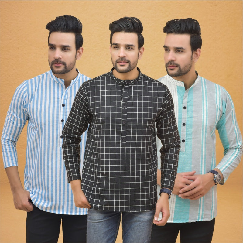Combo of 3 Men Kurtas Stripe Cotton Handloom Black Green and Sky Blue