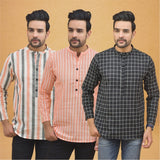Combo of 3 Men Kurtas Stripe Cotton Handloom Black Peach and Peach