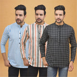 Combo of 3 Men Kurtas Stripe Cotton Handloom Black Peach and Sky Blue