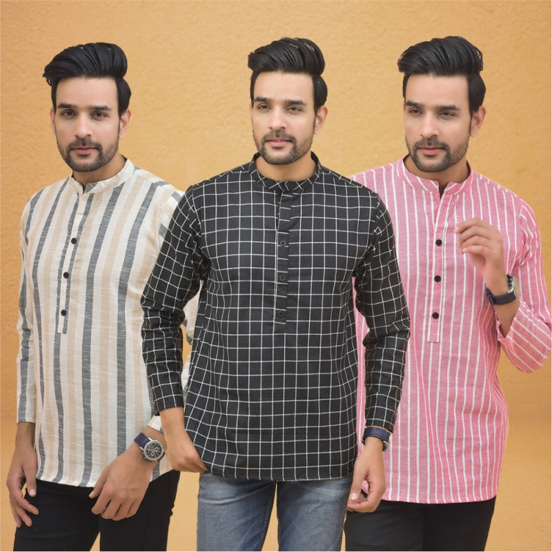 Combo of 3 Men Kurtas Stripe Cotton Handloom Black Pink and Beige