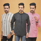 Combo of 3 Men Kurtas Stripe Cotton Handloom Black Pink and Beige