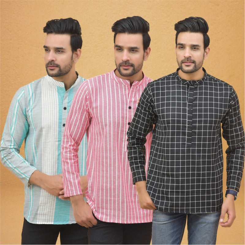 Combo of 3 Men Kurtas Stripe Cotton Handloom Black Pink and Green