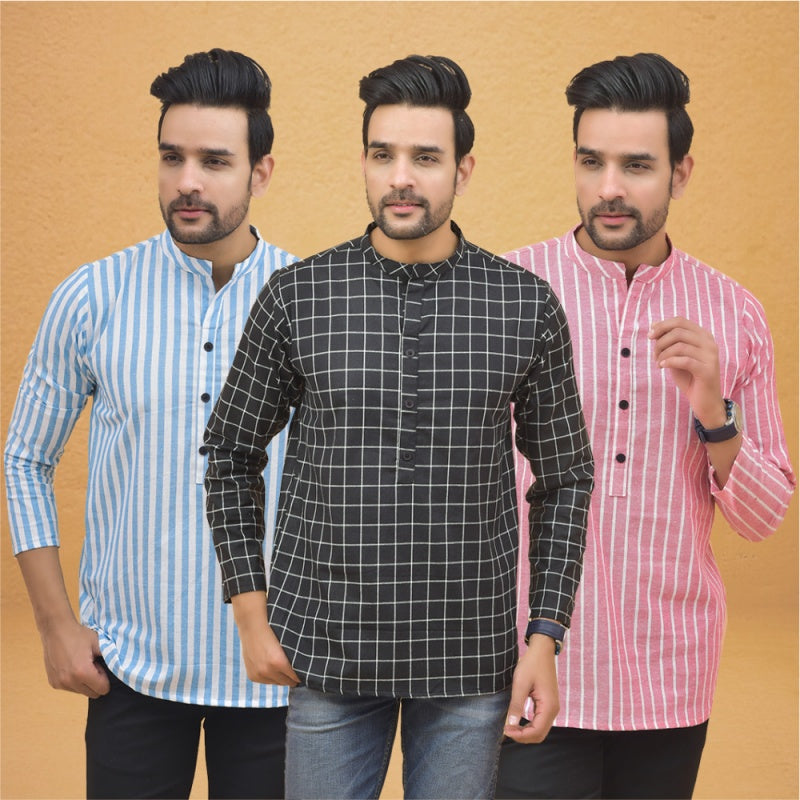 Combo of 3 Men Kurtas Stripe Cotton Handloom Black Pink and Sky Blue