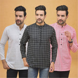 Combo of 3 Men Kurtas Stripe Cotton Handloom Black Pink and White