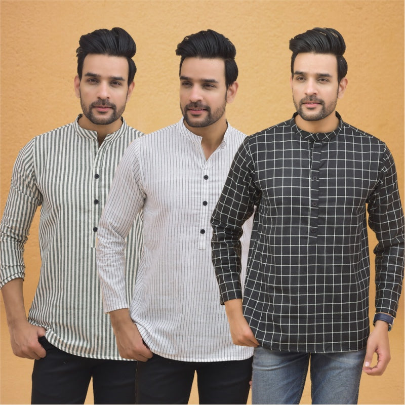 Combo of 3 Men Kurtas Stripe Cotton Handloom Black White and Gray