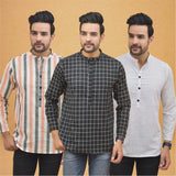 Combo of 3 Men Kurtas Stripe Cotton Handloom Black White and Peach