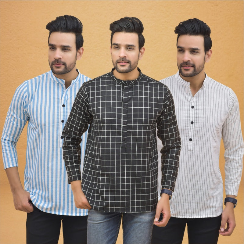 Combo of 3 Men Kurtas Stripe Cotton Handloom Black White and Sky Blue