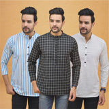 Combo of 3 Men Kurtas Stripe Cotton Handloom Black White and Sky Blue