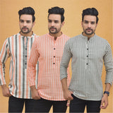 Combo of 3 Men Kurtas Stripe Cotton Handloom Gray Peach and Peach