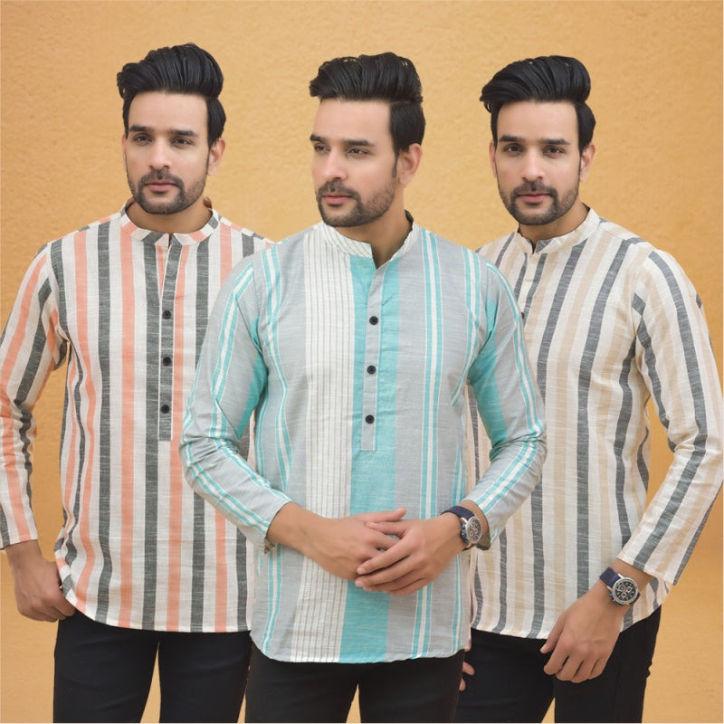 Combo of 3 Men Kurtas Stripe Cotton Handloom Green Beige and Peach